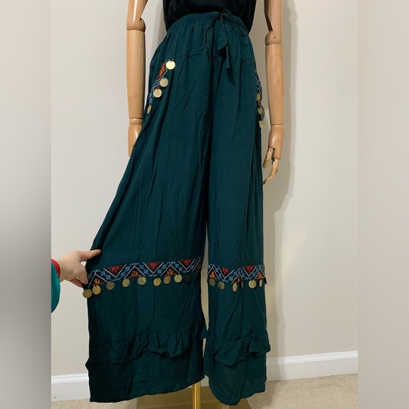 Teal / Petroleum Green Hobo Tatreez Wide Leg Pants - Picture 13 of 17